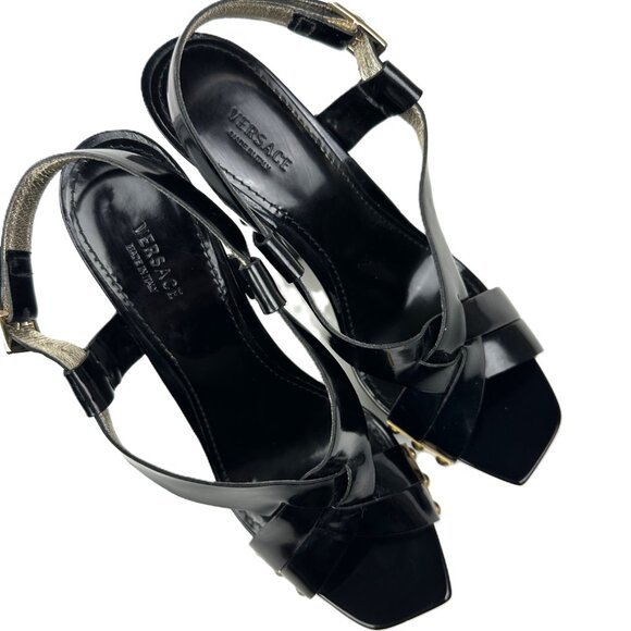 Versace Patent Leather Platform Heels Sandals Black Size 38 - Picture 7 of 12